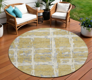 8' Gold Beige And Gray Round Striped Washable Indoor Outdoor Area Rug