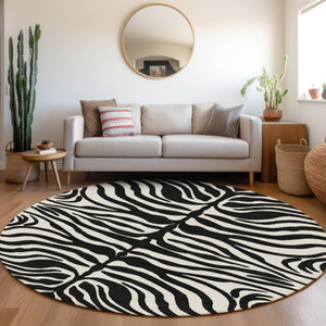 8' Black And Ivory Round Animal Print Washable Indoor Outdoor Area Rug