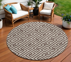 8' Brown And Beige Round Geometric Washable Indoor Outdoor Area Rug - Brown, Beige