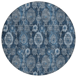 8' Navy Blue And Denim Blue Round Damask Washable Indoor Outdoor Area Rug