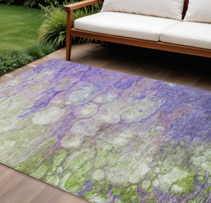 9' X 12' Purple Lilac And Artichoke Green Abstract Washable Indoor Outdoor Area Rug