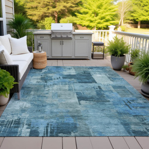 9' X 12' Blue And Ivory Abstract Washable Indoor Outdoor Area Rug - Blue, Ivory