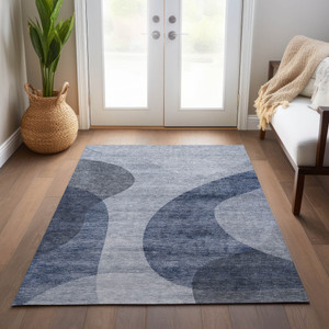 8' X 10' Denim Blue And Sky Blue Abstract Washable Indoor Outdoor Area Rug - 608219353513