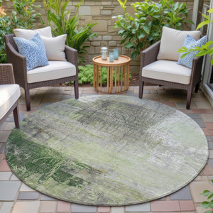 8' Artichoke Green And Ivory Round Abstract Washable Indoor Outdoor Area Rug - Artichoke Green, Ivory
