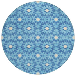 8' Denim Blue And Ivory Round Floral Medallion Washable Indoor Outdoor Area Rug