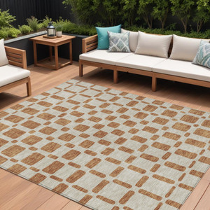 10' X 14' Terra Cotta And Beige Geometric Washable Indoor Outdoor Area Rug