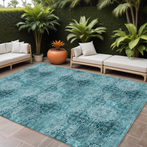 10' X 14' Teal Floral Medallion Washable Non Skid Indoor Outdoor Area Rug