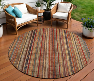 8' Rust Taupe And Gray Round Striped Washable Indoor Outdoor Area Rug