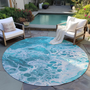 8' Teal Blue And Ivory Round Abstract Washable Indoor Outdoor Area Rug - 880016655261