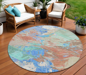 8' Coral Teal Blue And Mint Green Round Abstract Washable Indoor Outdoor Area Rug