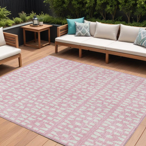 10' X 14' Pink And Ivory Geometric Washable Indoor Outdoor Area Rug Transitional Style - Pink, Ivory Color