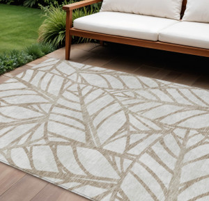 9' X 12' Beige And Brown Floral Washable Indoor Outdoor Area Rug