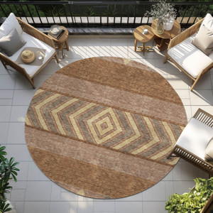 8' Orange Wheat And Taupe Round Southwestern Washable Indoor Outdoor Area Rug