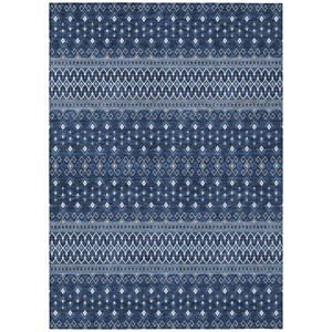 9' X 12' Navy Blue And Denim Blue Tribal Washable Indoor Outdoor Area Rug