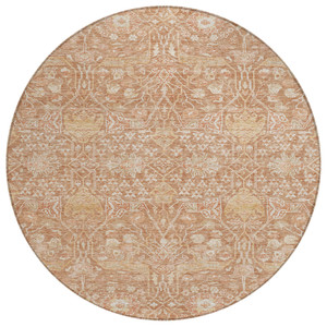 8' Coral And Ivory Round Floral Washable Indoor Outdoor Area Rug