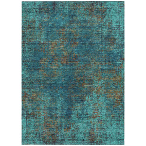 9' X 12' Teal Blue Navy Blue And Brown Abstract Washable Indoor Outdoor Area Rug
