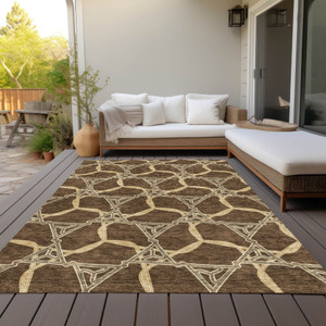 9' X 12' Brown And Beige Geometric Washable Indoor Outdoor Area Rug - 880016829808