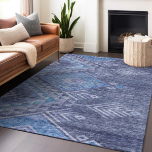 9' X 12' Navy Blue Charcoal And Gray Southwestern Washable Indoor Outdoor Area Rug