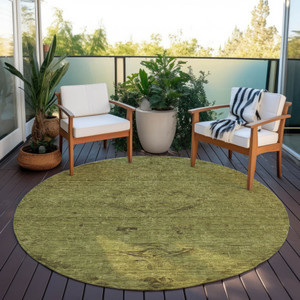 8' Olive Green And Brown Round Floral Washable Indoor Outdoor Area Rug