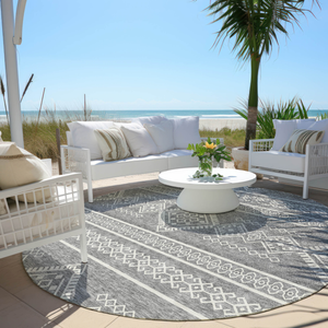 8' Gray And Ivory Round Southwestern Washable Indoor Outdoor Area Rug
