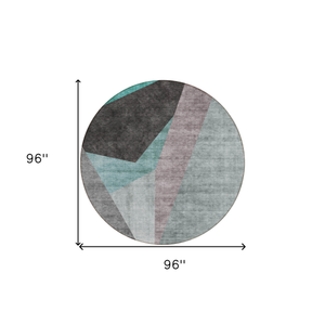 8' Teal Blue Aqua And Charcoal Round Abstract Washable Indoor Outdoor Area Rug