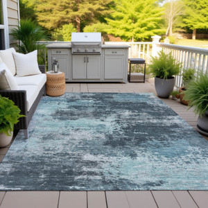 8' X 10' Teal Blue And Navy Blue Abstract Washable Indoor Outdoor Area Rug - 880016568486