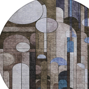 8' Brown Gray And Blue Round Geometric Washable Indoor Outdoor Area Rug