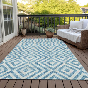 10' X 14' Teal Blue And Ivory Geometric Washable Indoor Outdoor Area Rug Transitional Style - Teal Blue, Ivory Color