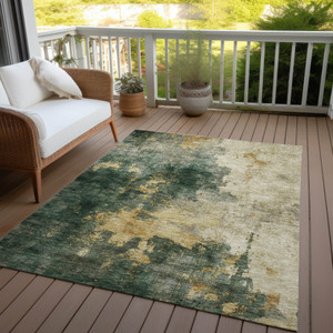 8' X 10' Fern Green And Gold Abstract Washable Indoor Outdoor Area Rug