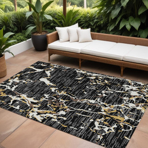 9' X 12' Black Ivory And Brown Striped Washable Indoor Outdoor Area Rug - 608219198688