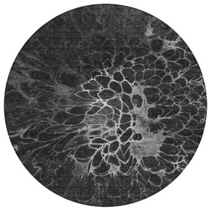 8' Charcoal Gray And Silver Round Abstract Washable Indoor Outdoor Area Rug - Charcoal, Gray, Silver