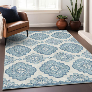 9' X 12' Teal Blue And Ivory Medallion Washable Indoor Outdoor Area Rug