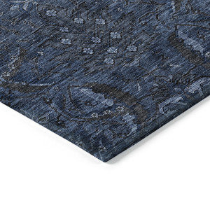 9' X 12' Navy Blue And Charcoal Damask Washable Indoor Outdoor Area Rug
