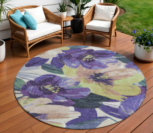 8' Purple And Lavender Round Floral Washable Indoor Outdoor Area Rug - Purple, Lavender