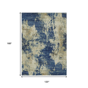 10' X 14' Navy Blue And Beige Abstract Washable Indoor Outdoor Area Rug - Navy Blue, Beige