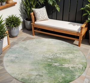8' Artichoke Green And Ivory Round Abstract Washable Indoor Outdoor Area Rug Transitional Style - Artichoke Green, Ivory Color