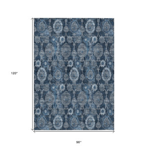 8' X 10' Navy Blue And Denim Blue Damask Washable Indoor Outdoor Area Rug