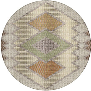 8' Brown Copper And Fern Green Round Geometric Washable Indoor Outdoor Area Rug