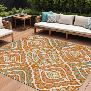 10' X 14' Orange Peach And Ivory Floral Washable Indoor Outdoor Area Rug