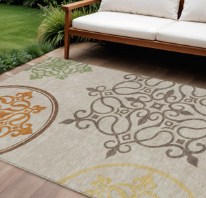 8' X 10' Taupe Copper And Green Floral Medallion Washable Indoor Outdoor Area Rug