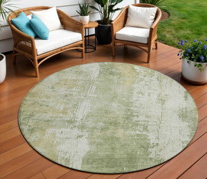8' Sage And Ivory Round Abstract Washable Indoor Outdoor Area Rug - Sage, Ivory