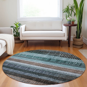 8' Teal Blue And Brown Round Striped Washable Indoor Outdoor Area Rug