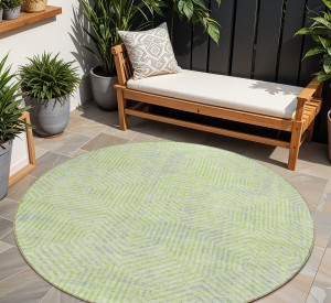 8' Lime Green Gray And Ivory Round Geometric Washable Indoor Outdoor Area Rug