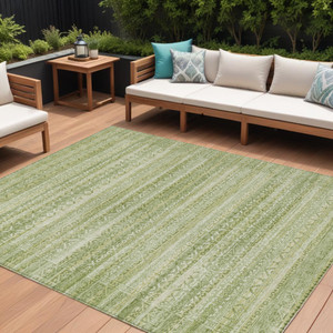 10' X 14' Sage And Ivory Striped Washable Indoor Outdoor Area Rug