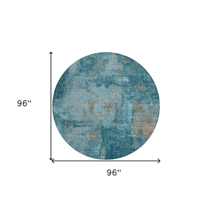 8' Teal Blue And Gray Round Abstract Washable Indoor Outdoor Area Rug