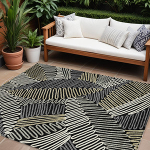 9' X 12' Black Gray And Ivory Floral Washable Indoor Outdoor Area Rug - Black, Gray, Ivory
