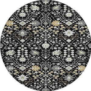8' Black Ivory And Gray Round Oriental Washable Indoor Outdoor Area Rug