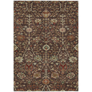 9' X 12' Chocolate Tan And Green Floral Washable Indoor Outdoor Area Rug
