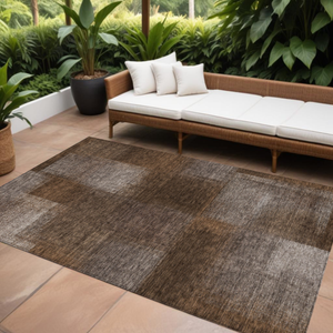 9' X 12' Brown And Ivory Abstract Washable Indoor Outdoor Area Rug