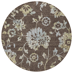 8' Chocolate Sky Blue And Artichoke Green Round Floral Washable Indoor Outdoor Area Rug